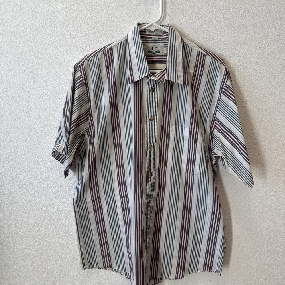 Vtg 417 Van Heusen L Vertical Stripe Cotton‎ Single Needle Short Sleeve Shirt